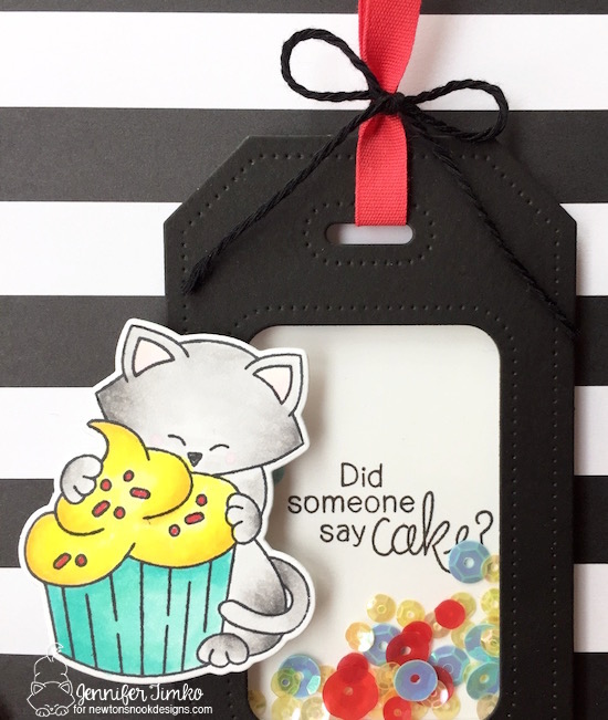 Cake Tag Closeup by Jen Timko | Newton Loves Cake Stamp and Dies by Newton's Nook Designs, Dotted Shaker Tag by Studio Katia