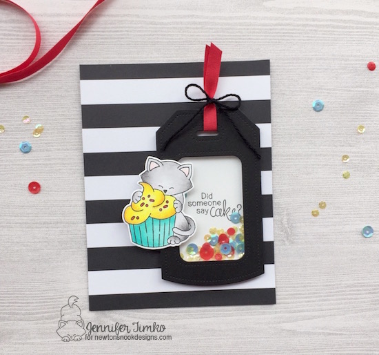 Did Someone Say Cake Card by Jen Timko | Newton Loves Cake Stamp and Dies by Newton's Nook Designs, Sequins from Studio Katia, Dotted Shaker Tag Die by Studio Katia