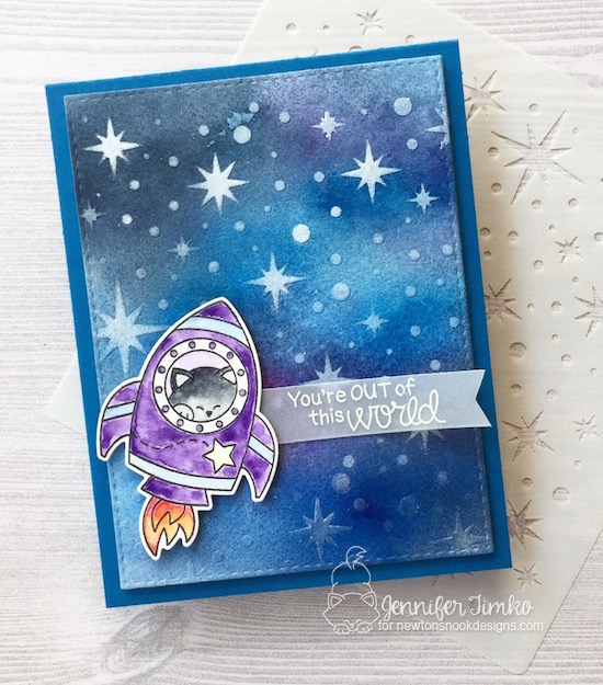 Out of this world by Jen Timko | Cosmic Newton Stamp and Dies by Newton's Nook Designs, Starfield Stencil by Newton's Nook Designs, Watercolor, Winsor and Newton Watercolors, Perfect Pearls
