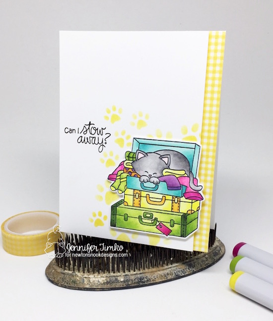 Can I Stow Away by Jen Timko | Stowaway Newton Stamps and Dies by Newton's Nook Designs, Copic Coloring, Pawprints Stencil by Newton's Nook Designs