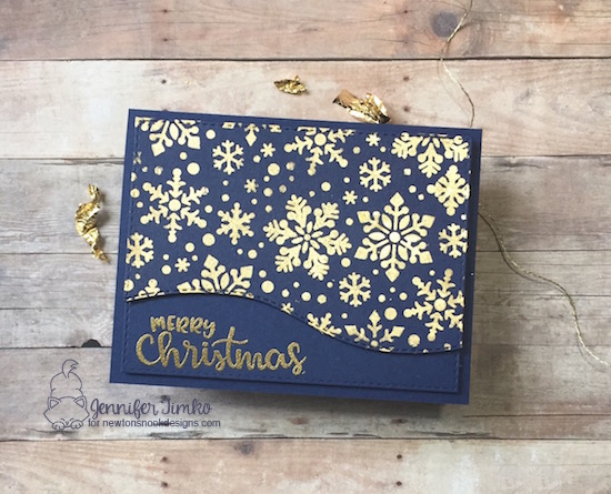 Merry Christmas by Jen Timko | Sentiments of the Season Stamp Set by Newton's Nook Designs, Snowfall Stencil by Newton's Nook Designs, Nuvo Gilding Flakes, Tombow Multipurpose Glue, Gilding Tutorial