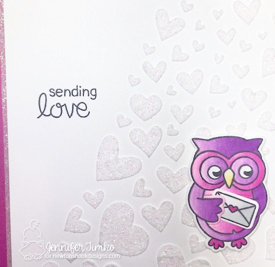 Sending Love Closeup by Jen Timko | Sending Hugs Stamp Set and Dies by Newton's Nook Designs, Shimmery White Embossing Paste by Stampin' Up, Tumbling Hearts Stencil by Newton's Nook Designs