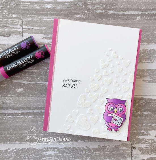 Sending Love by Jen Timko | Sending Hugs Stamp Set and Dies by Newton's Nook Designs, Tumbling Hearts Stencil by Newton's Nook Designs, Shimmery White Embossing Paste by Stampin' Up, Chameleon Pens and Color Tops