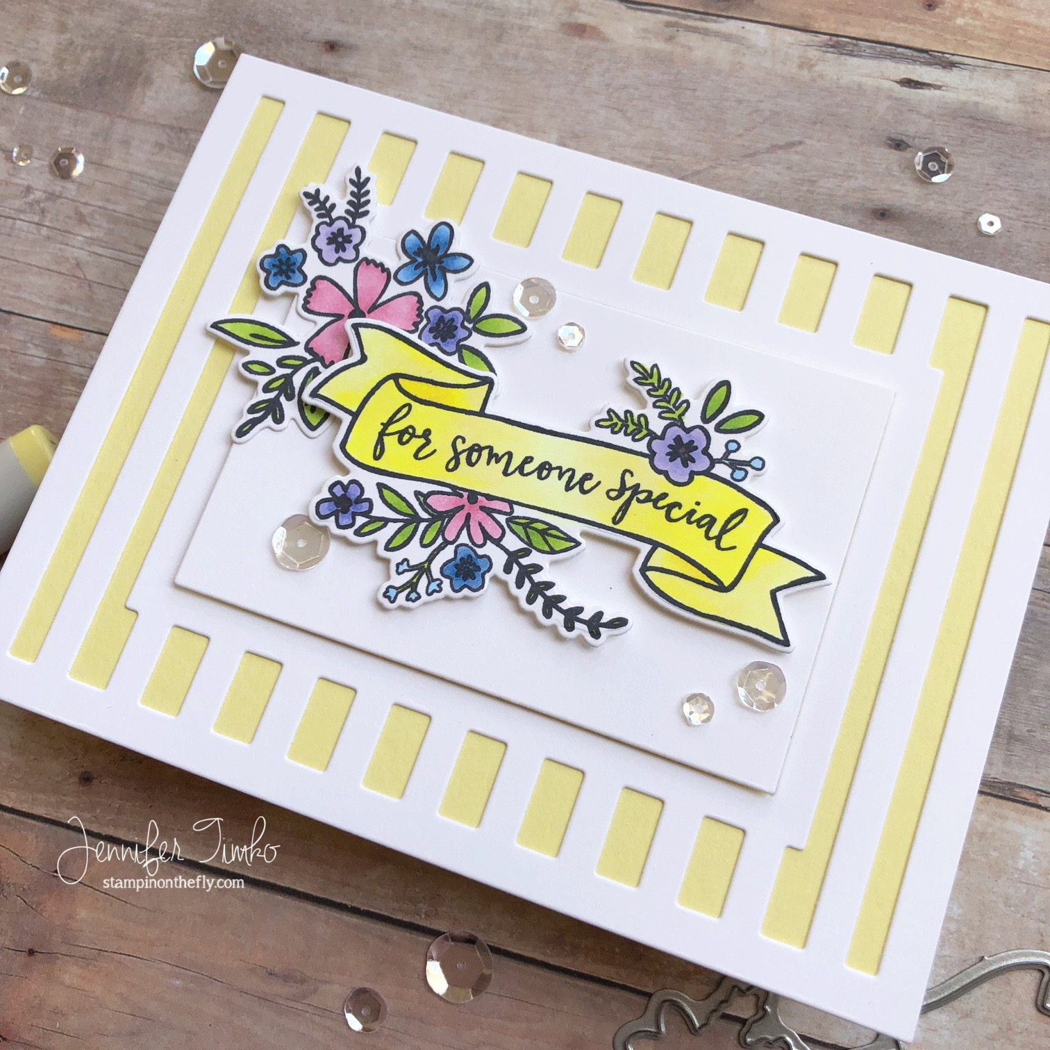 For Someone Special by Jen Timko | Banner in Bloom Stamp Set and Dies by Reverse Confetti, Striped Frame Cover Pane by Reverse Confetti, Copic Coloring