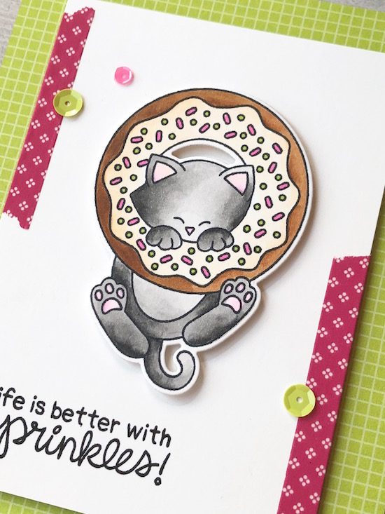 Sprinkles Closeup by Jen Timko | Newton's Donut Stamp Set and Dies by Newton's Nook Designs, Tutti-frutti DSP by Stampin' Up, Copic Coloring