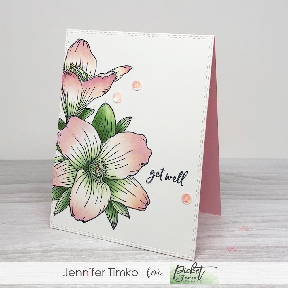 Get Well Lilies by Jen Timko | Lily Bouquet Stamp Set by Picket Fence Studios, Ways to Say Get Well Stamp Set by Picket Fence Studios, Copic Coloring, Double Stitched Rectangles Dies by Gina Marie Designs