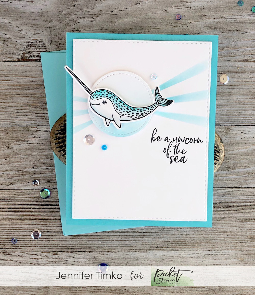FMS373 by Jen Timko | Be A Unicorn of the Sea Stamp Set and Dies by Picket Fence Studios, Sunburst Stencil by Picket Fence Studios, Watercolor, Life Changing Blender Brushes