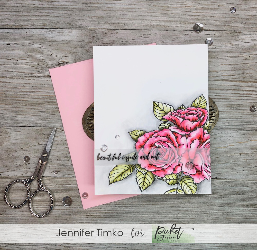 Beautiful Inside and Out by Jen Timko | Rose Bouquet Stamp Set by Picket Fence Studios, Zig Clean Color Markers, Watercolor, Flowers