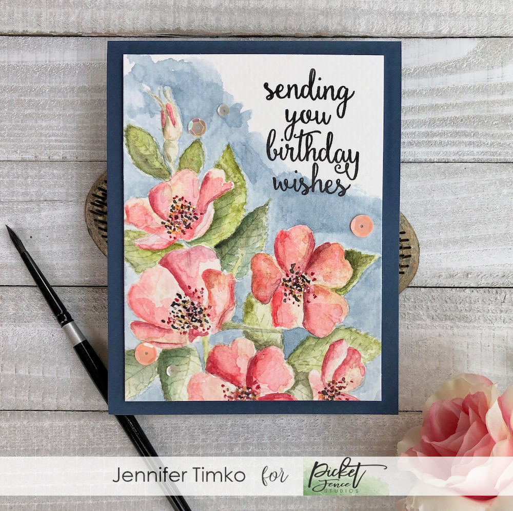 Wild Rose Birthday by Jen Timko | Wild Rose Bouquet Stamp Set by Picket Fence Studios, I Wish We Could Hug Stamp Set by Picket Fence Studios, No Line Watercolor