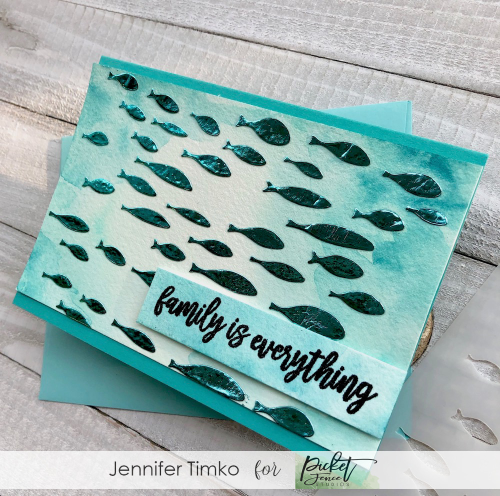 Family Fish by Jen Timko | Oceans of Fish Stencil by Picket Fence Studios, Be a Unicorn of the Sea Stamp Set by Picket Fence Studios, Daniel Smith Watercolor, Deco Foil Transfer Gel 
