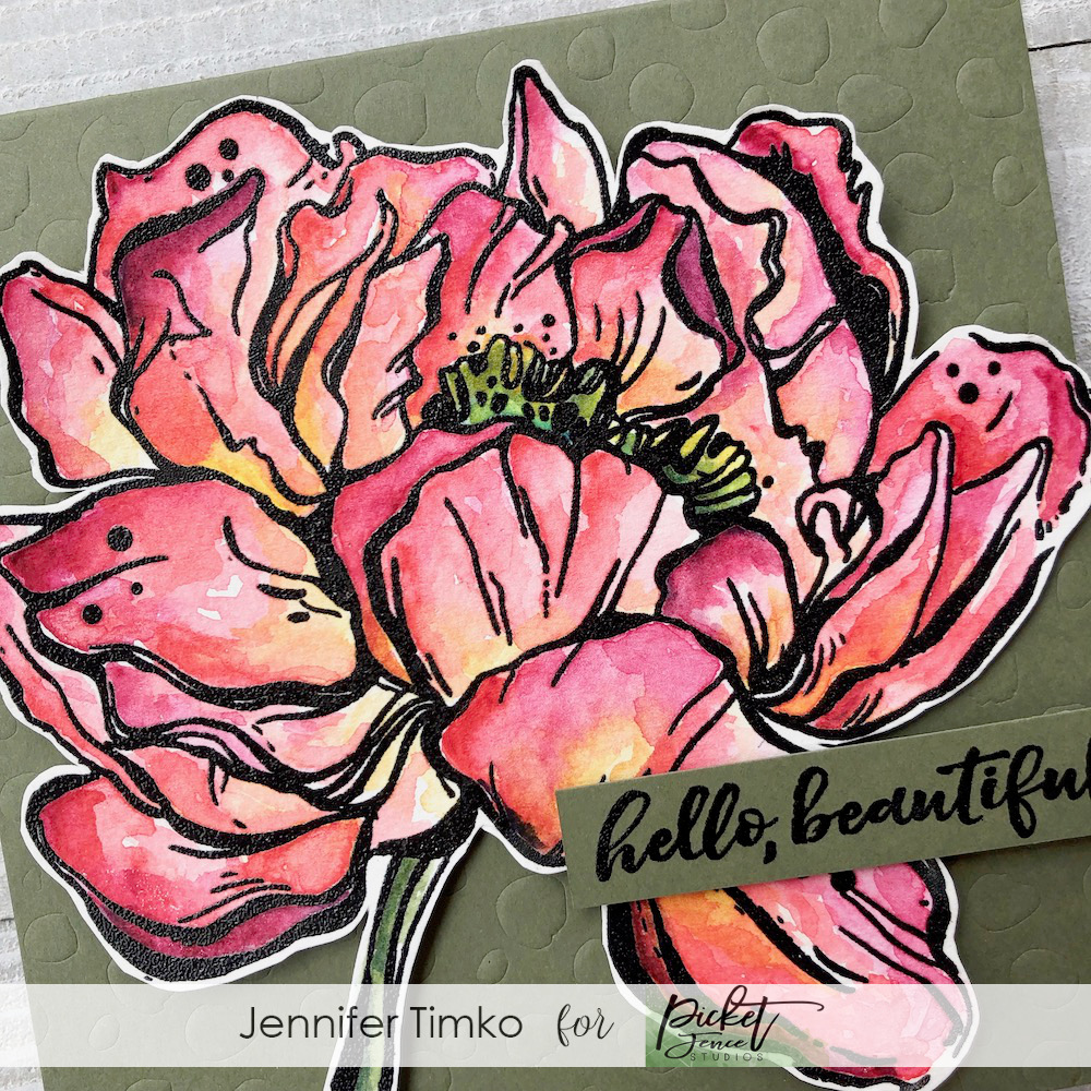 Beautiful Peony by Jen Timko | Botan Peony Stamp by Picket Fence Studios, Hello Beautiful Stamp by Picket Fence Studios, Daniel Smith Watercolors, Watercoloring 