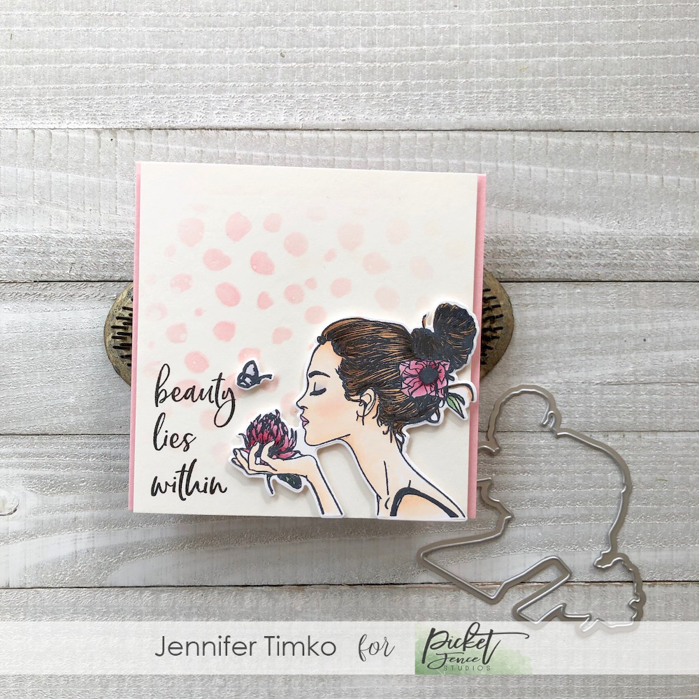Beauty Lies Within by Jen Timko | Sandra Girl Stamp Set and Die by Picket Fence Studios, Kiss Kiss Sandra Girl Stamp by Picket Fence Studios, Random Dots Stencil by Picket Fence Studios, Copic Coloring, Distress Oxide Ink, Life Changing Blender Brushes by Picket Fence Studios